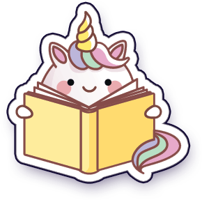 A sticker of a unicorn reading a book